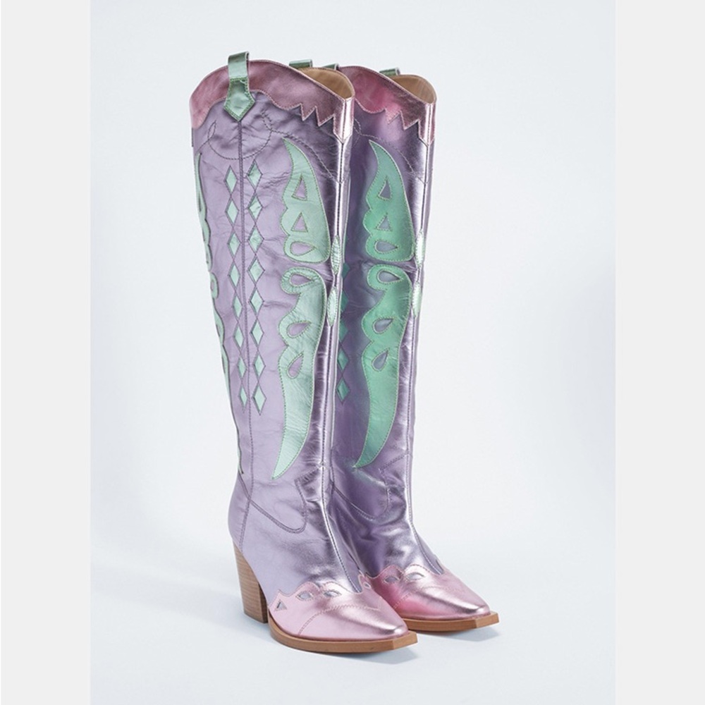 LEATHER METALLIC BUTTERFLY KNEE HIGH COWBOY BOOTS